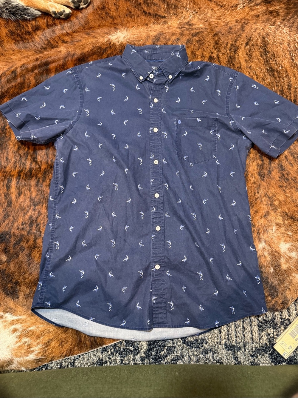 Izod Short Sleeve Button Down Shirt Men's Large Blue Marlin Print Hawaiian